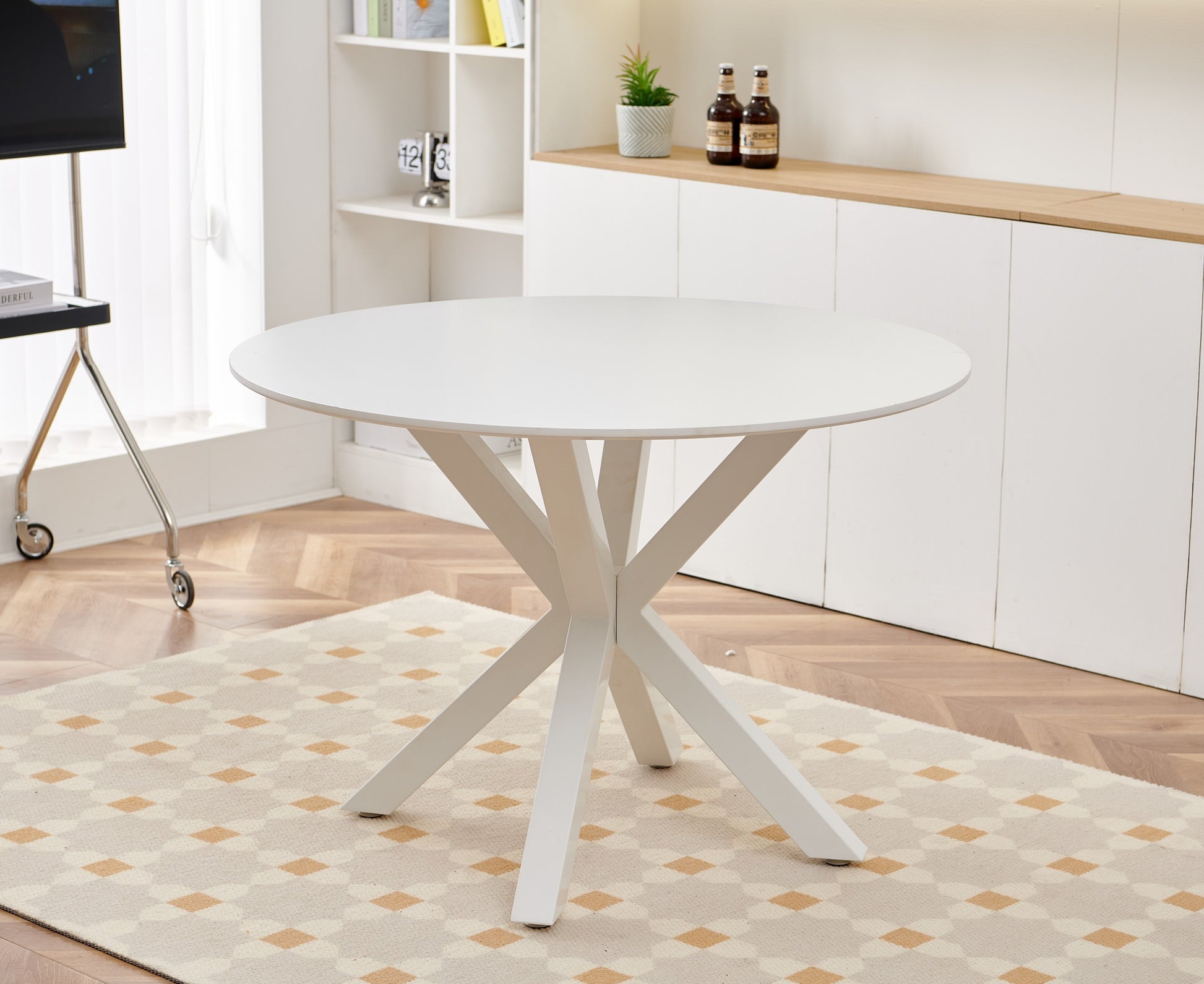 42.1"White Table Mid Century Dining Table For 4 6 People With Round Mdf Table Top, Pedestal Dining Table, End Table Leisure Coffee Table,Cross Leg White Kitchen & Dining Tables Mdf