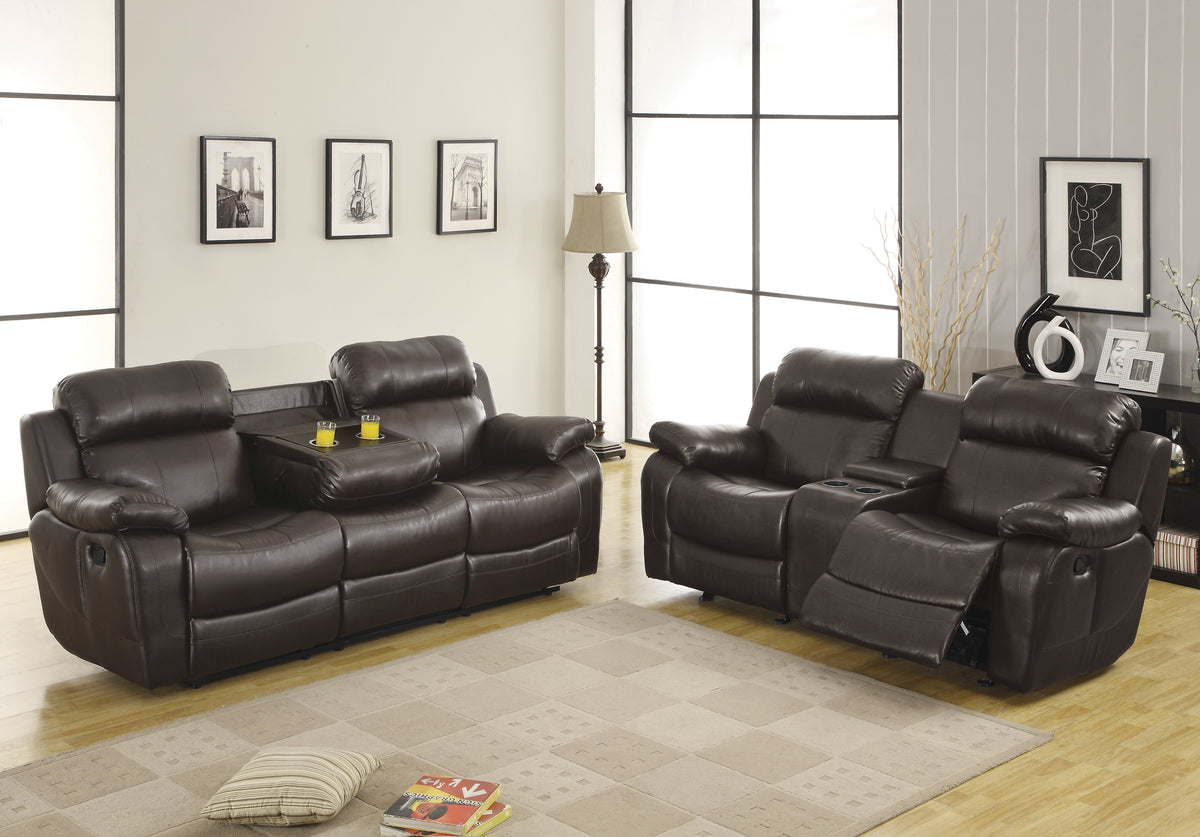 Contemporary Brown Faux Leather Upholstered 1Pc Double Reclining Sofa W Center Drop Down Cup Holder Living Room Furniture Brown Faux Leather Wood Primary Living Space Pillow Top Arms Solid Wood 3 Seat