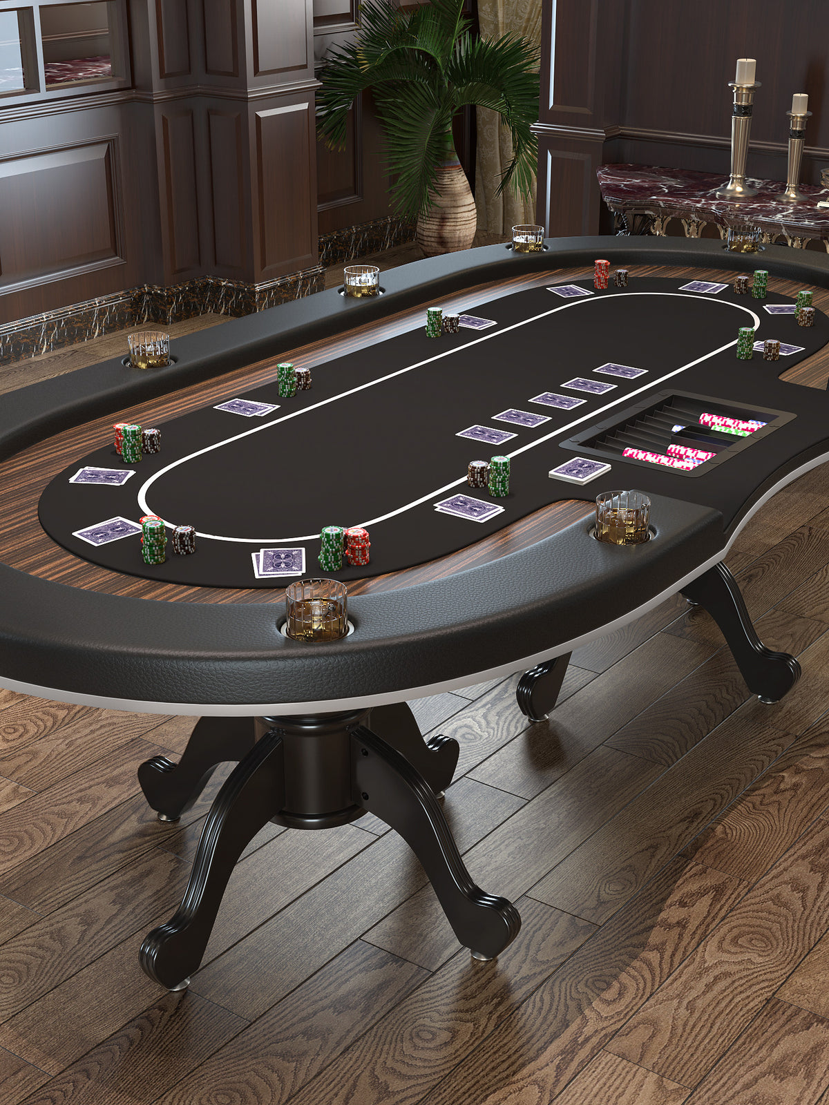 96" Premium Oval Speed Cloth Texas Hold'Em Casino Game Poker Table With Chip Tray Black Wood
