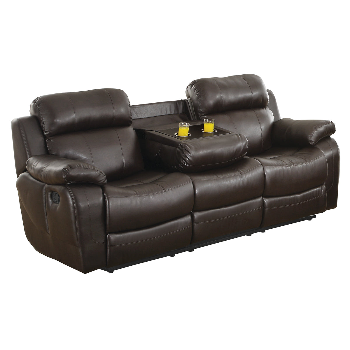 Contemporary Brown Faux Leather Upholstered 1Pc Double Reclining Sofa W Center Drop Down Cup Holder Living Room Furniture Brown Faux Leather Wood Primary Living Space Pillow Top Arms Solid Wood 3 Seat