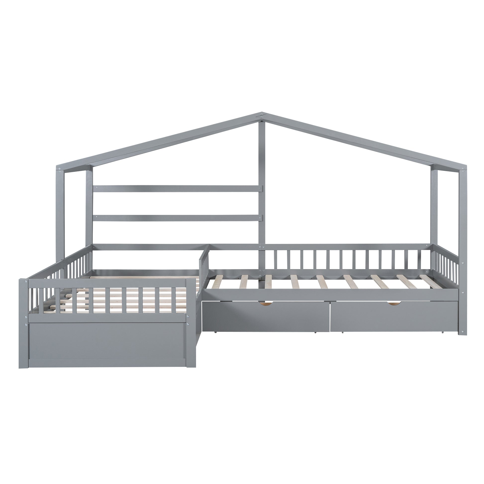 Twin Size House Platform Bed With Three Storage Drawers,Gray Box Spring Not Required Twin Gray Wood Bedroom Pine