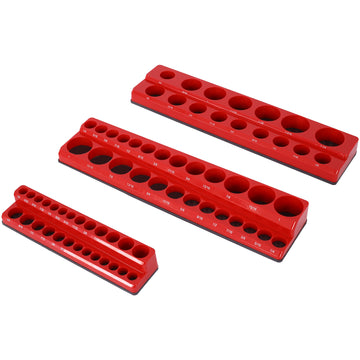 3 Piece Sae Magnetic Socket Organizers, Socket Organizers For Toolboxes, Socket Organizer, Magnetic Socket Holder, Black Tool Box Organizer,Red,Sae Red Plastic