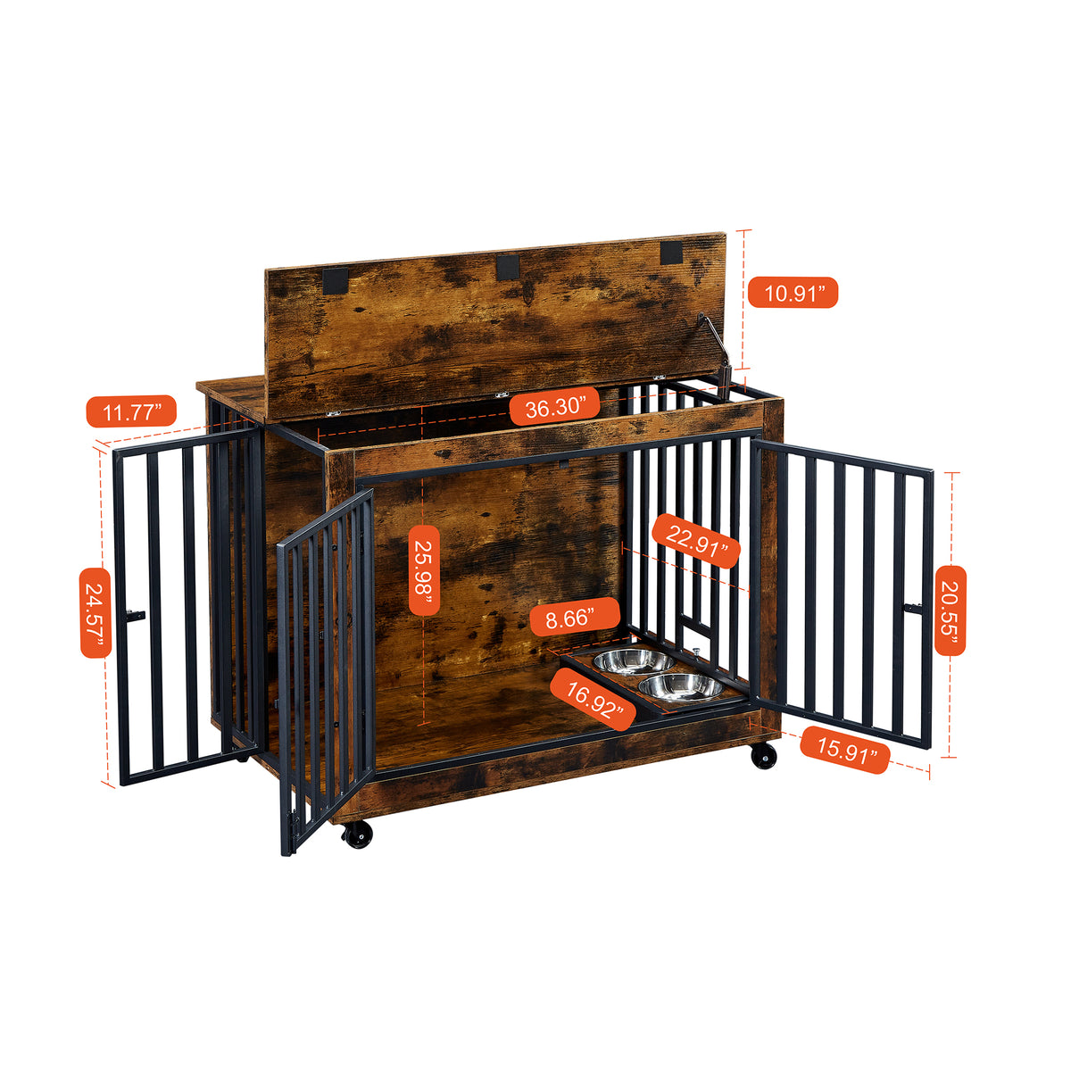 Furniture Style Dog Crate Side Table With Feeding Bowl, Wheels, Three Doors, Flip Up Top Opening. Indoor, Rustic Brown, 38.58"W X 25.2"D X 27.17"H Rustic Brown Particle Board