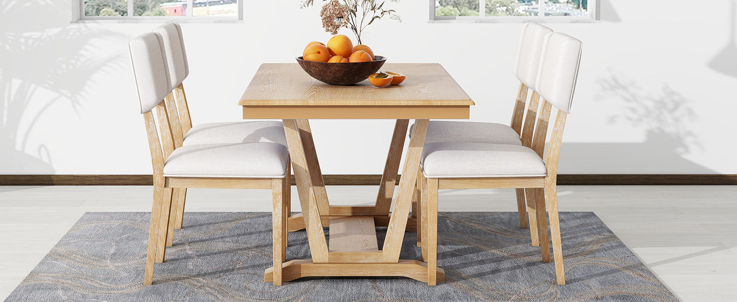 Rustic 5 Piece Dining Table Set With 4 Upholstered Chairs, 59 Inch Rectangular Dining Table With Trestle Table Base, Naural Wood Dining Room Solid Wood Rubberwood Rectangular Dining Table With Chair Upholstered Chair Wood Natural Solid Back Seats 4