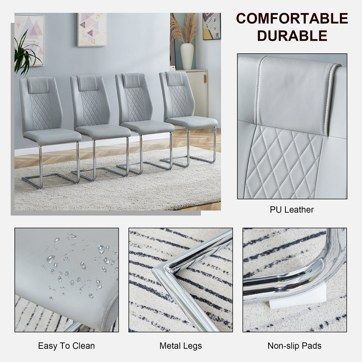Modern Dining Chairs With Faux Leather Padded Seat Dining Living Room Chairs Upholstered Chair With Metal Legs Design For Living, Bedroom, Dining Room Side Chairs Set Of 8 Light Gray Pu C 001 Light