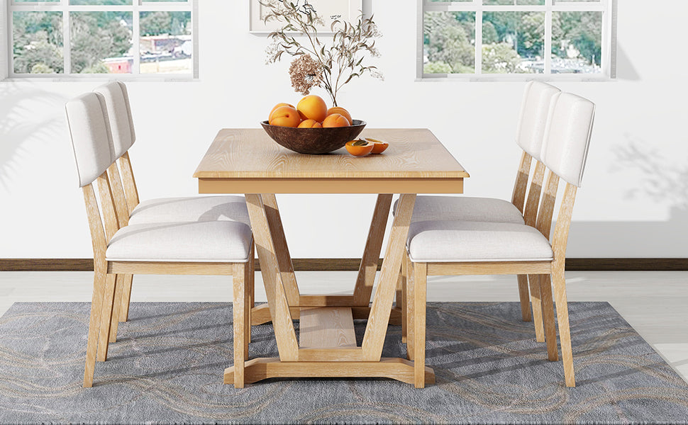 Rustic 5 Piece Dining Table Set With 4 Upholstered Chairs, 59 Inch Rectangular Dining Table With Trestle Table Base, Naural Wood Dining Room Solid Wood Rubberwood Rectangular Dining Table With Chair Upholstered Chair Wood Natural Solid Back Seats 4