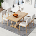 Rustic 5 Piece Dining Table Set With 4 Upholstered Chairs, 59 Inch Rectangular Dining Table With Trestle Table Base, Naural Wood Dining Room Solid Wood Rubberwood Rectangular Dining Table With Chair Upholstered Chair Wood Natural Solid Back Seats 4
