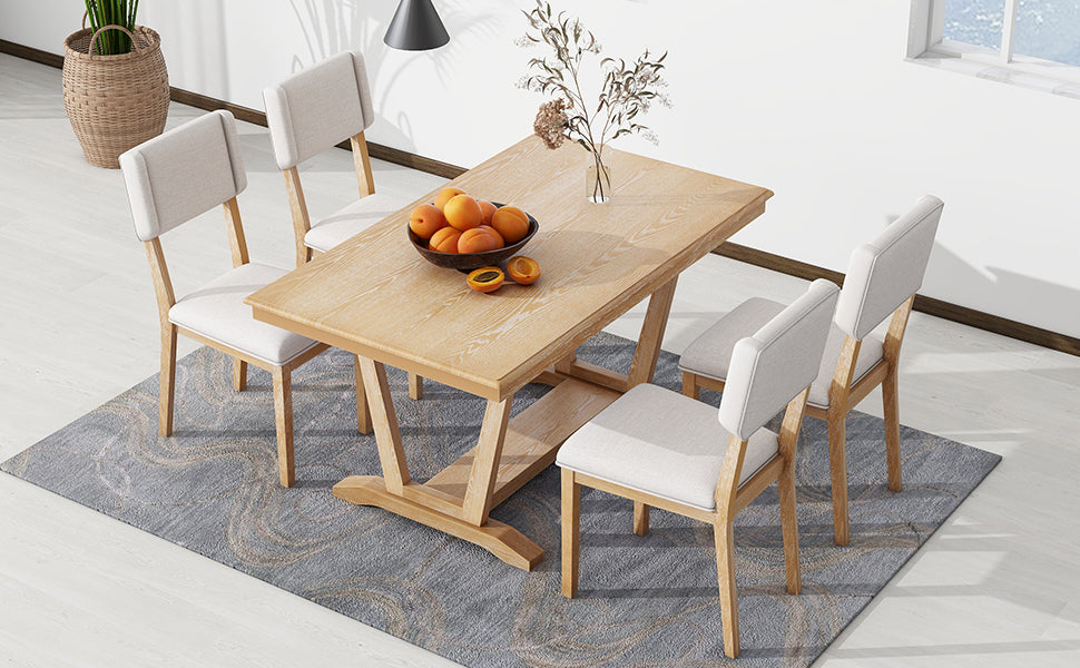 Rustic 5 Piece Dining Table Set With 4 Upholstered Chairs, 59 Inch Rectangular Dining Table With Trestle Table Base, Naural Wood Dining Room Solid Wood Rubberwood Rectangular Dining Table With Chair Upholstered Chair Wood Natural Solid Back Seats 4