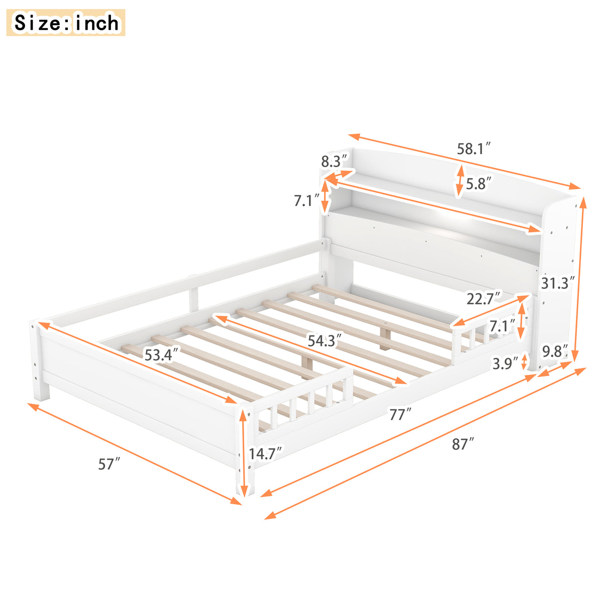 Wood Full Size Platform Bed With Built In Led Light, Storage Headboard And Guardrail, White Box Spring Not Required Full White Wood Bedroom Bed Frame Solid Wood Mdf