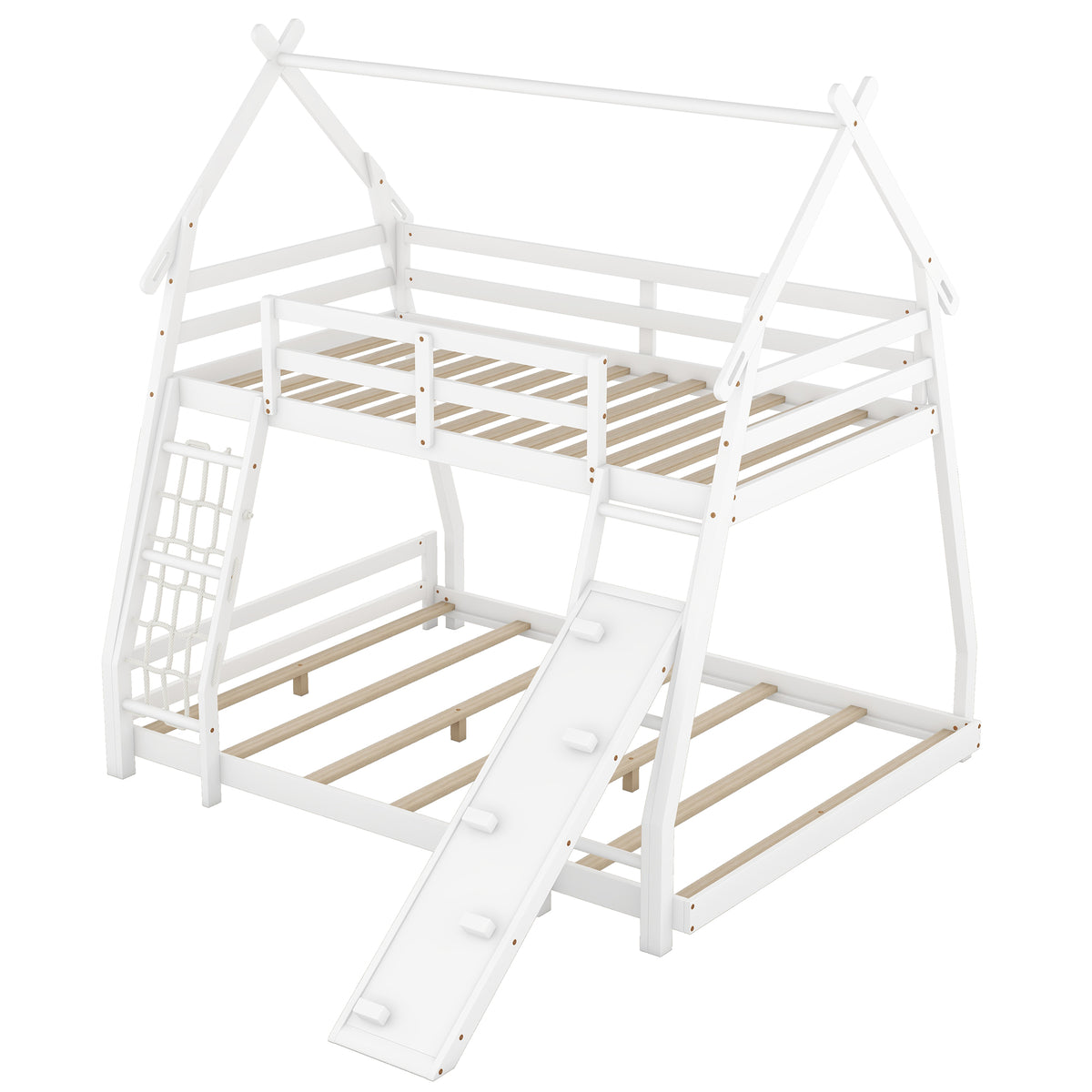 Twin Over Queen House Bunk Bed With Climbing Nets And Climbing Ramp, White Box Spring Not Required White Wood Bedroom Bunk Solid Wood Mdf