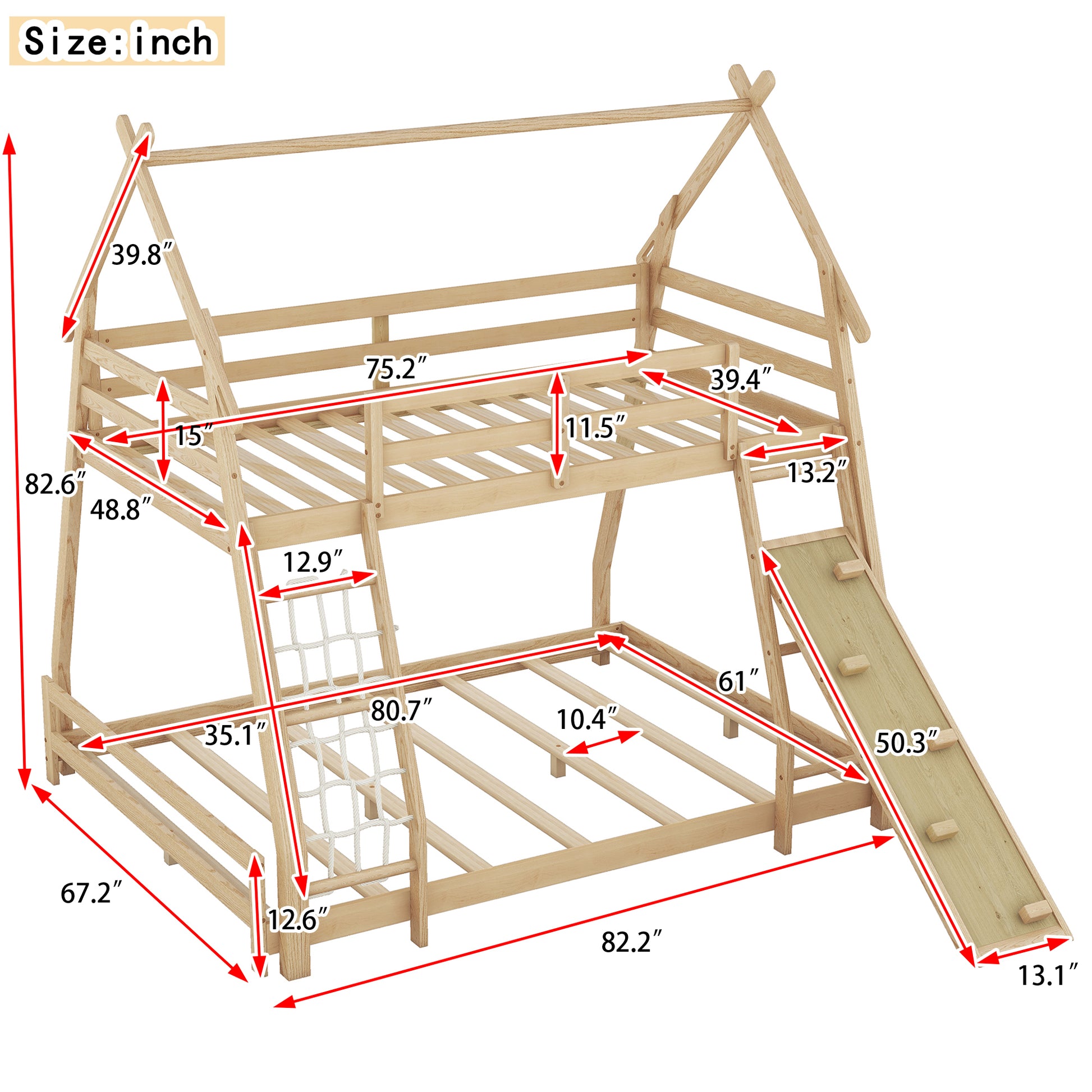 Twin Over Queen House Bunk Bed With Climbing Nets And Climbing Ramp, Natural Box Spring Not Required Natural Wood Bedroom Bunk Solid Wood Mdf