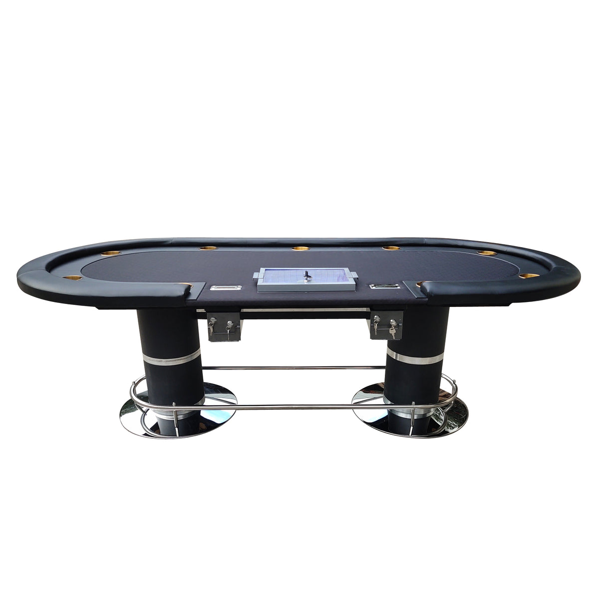 96" Oval Dark Knight Black Felt Poker Table With Metal Chip Tray Steel Drop Box Black Stainless Steel