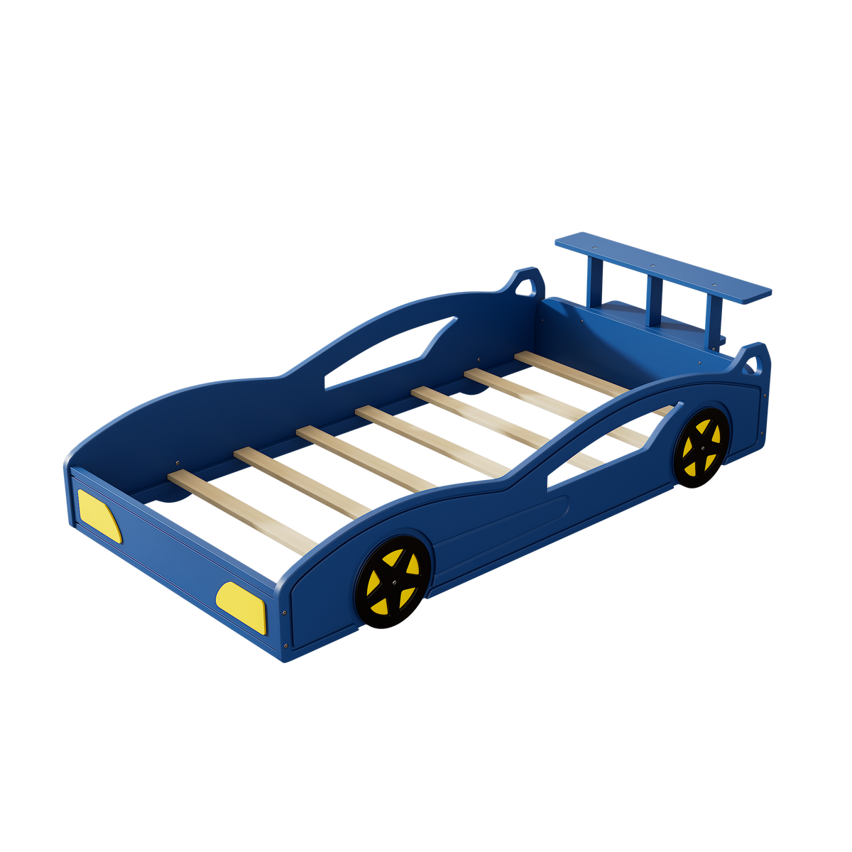 Wooden Race Car Bed,Car Shaped Platform Twin Bed With Wheels For Teens,Blue & Yellow Blue Mdf