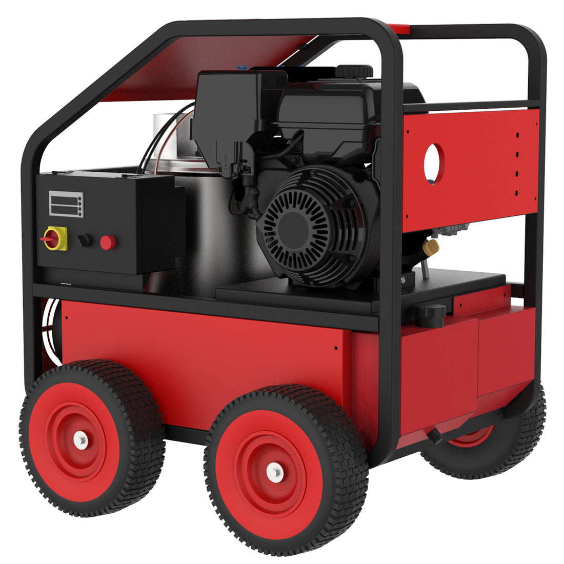 Commercial Hot Water Gas Oil Fired Pressure Washer, 3.5 Gpm, 4000 Psi, Kohler Engine, Direct Drive, Electric Start Red Aluminum