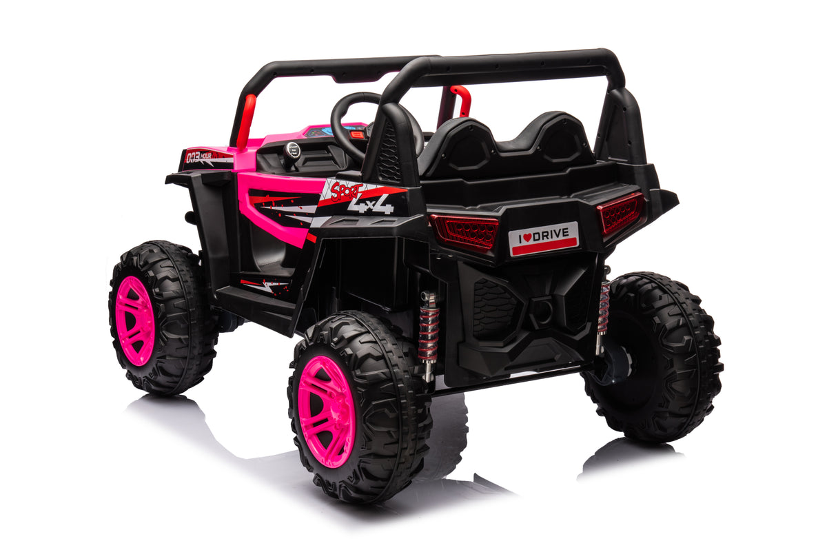 12V7A*1 30W*4 Four Wheel Drive Leather Seat One Button Start,Forward And Backward, High And Low Speed, Music, Front Light, Power Display, Two Doors Can Open, 2.4G R C, Seat Belt Four Wheel Absorber Pink Iron Plastic