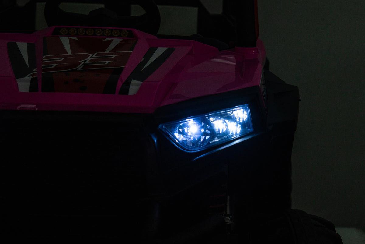12V7A*1 30W*4 Four Wheel Drive Leather Seat One Button Start,Forward And Backward, High And Low Speed, Music, Front Light, Power Display, Two Doors Can Open, 2.4G R C, Seat Belt Four Wheel Absorber Pink Iron Plastic