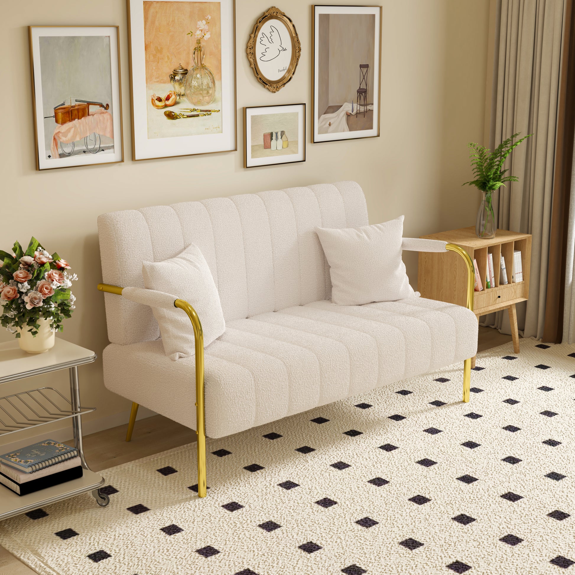 59 Inch Beige Sofa Teddy Fleece, Two Throw Pillows, Suitable For Living Room, Apartment, Home Office Beige Fabric 2 Seat