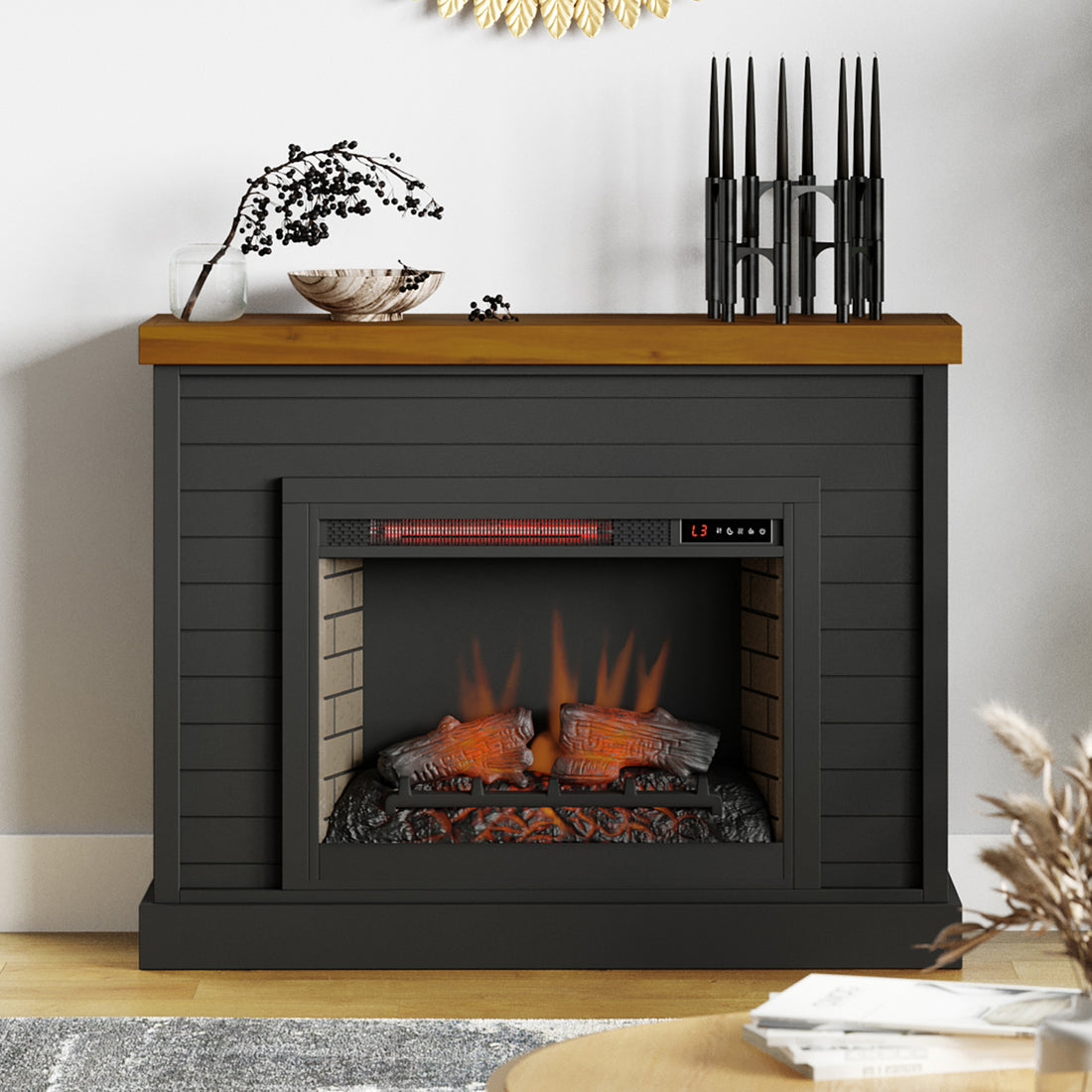 Washington 48 Inch Fireplace With Mantel, Black And Whiskey Finish Up To 40 Powder Coated Electric Black 400 Coastal,Farmhouse,Nautical Poplar Yes Insert Solid Wood Electric