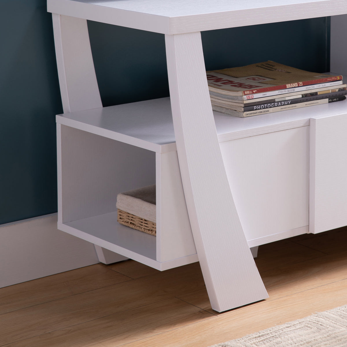 Contemporary Tv Stand With Four Shelves And One Drawer White White Particle Board