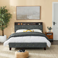 Queen Size Bed Frame, Shelf Upholstered Headboard, Platform Bed With Outlet & Usb Ports, Wood Legs, No Box Spring Needed, Easy Assembly, Grey Box Spring Not Required Queen Grey Metal Bedroom Bed Frame Linen Foam