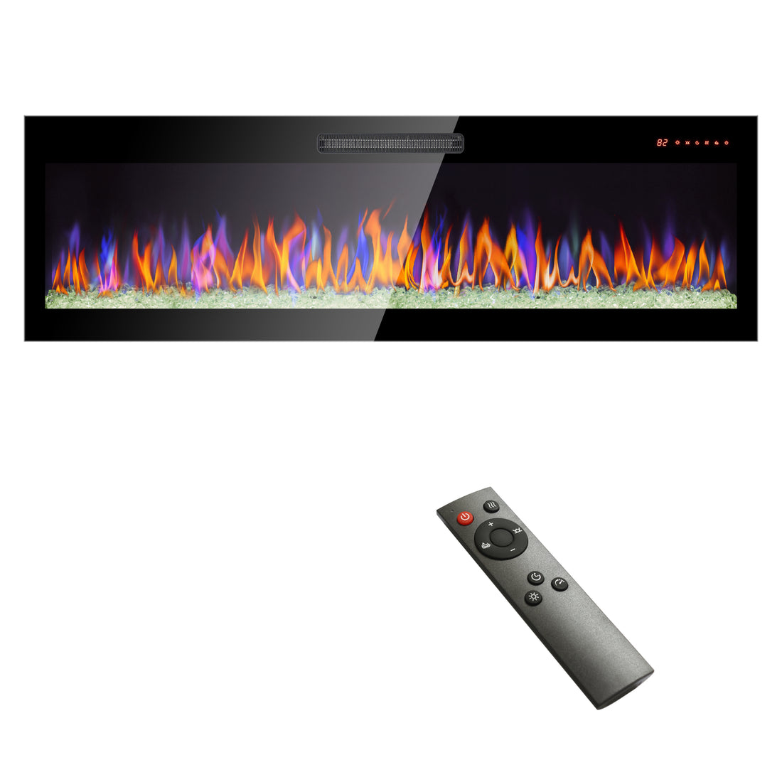 60 Inch Recessed Ultra Thin Tempered Glass Front Wall Mounted Electric Fireplace With Remote And Multi Color Flame & Emberbed, Led Light Heater Powder Coated Electric Antique Black Vent Free Yes Tempered Glass Sheet Metal Plastic Electric