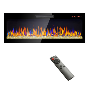 50 Inch Recessed Ultra Thin Tempered Glass Front Wall Mounted Electric Fireplace With Remote And Multi Color Flame & Emberbed, Led Light Heater Antique Black Tempered Glass Sheet Metal Plastic