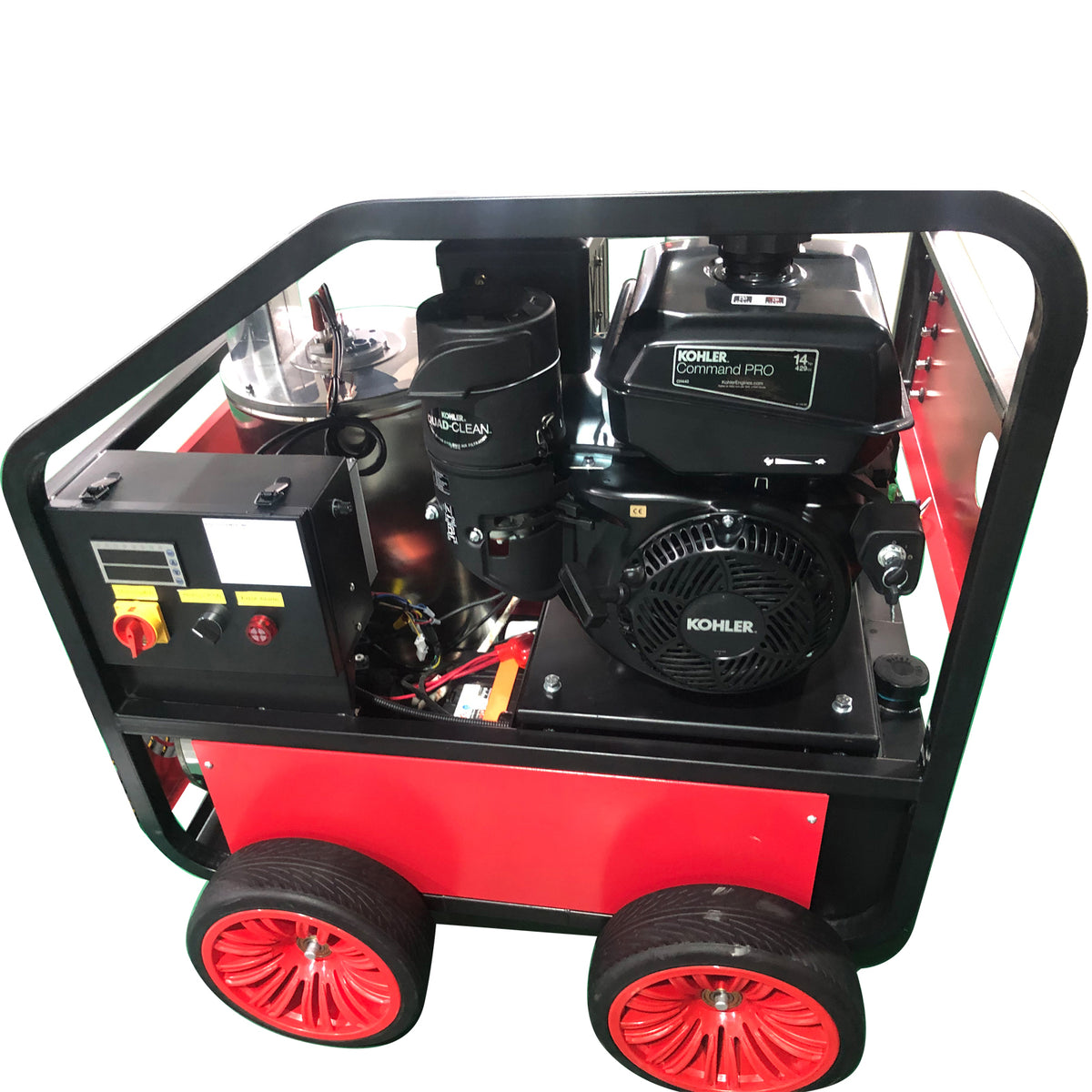 Commercial Hot Water Gas Oil Fired Pressure Washer, 3.5 Gpm, 4000 Psi, Kohler Engine, Direct Drive, Electric Start Red Aluminum