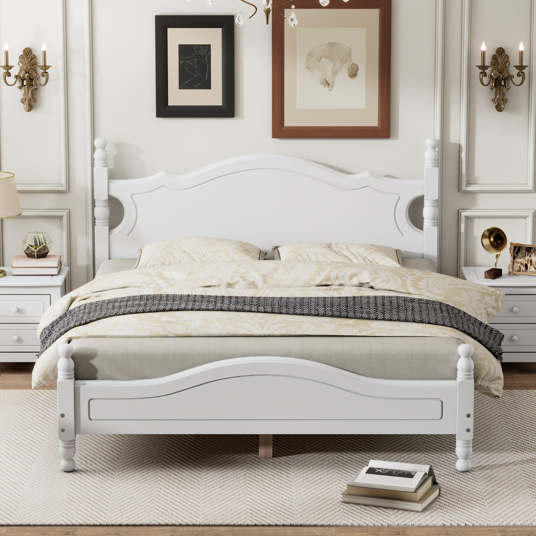 Queen Size Wood Platform Bed Frame,Retro Style Platform Bed With Wooden Slat Support,White White Wood