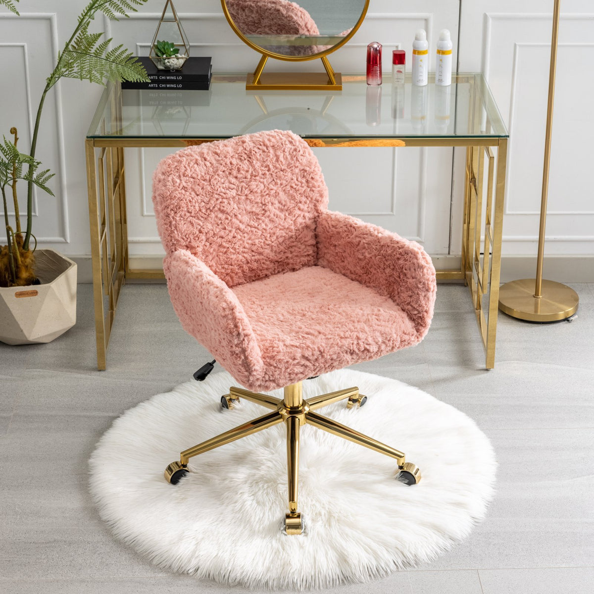 Office Chair,Artificial Rabbit Hair Home Office Chair With Golden Metal Base,Adjustable Desk Chair Swivel Office Chair,Vanity Chair Pink Pink Study Foam Upholstered