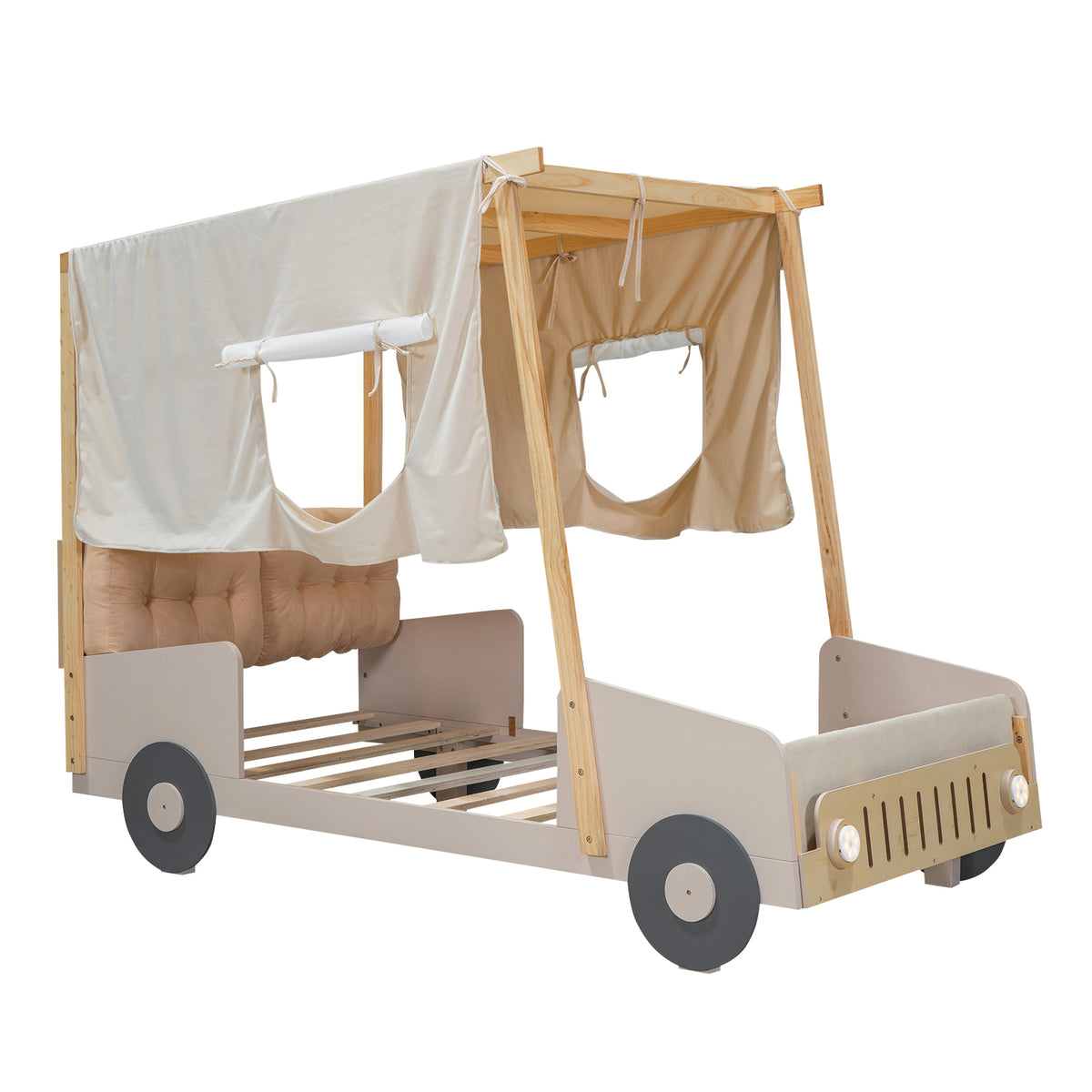 Wood Twin Size Car Bed With Pillow, Ceiling Cloth And Led, Natural Box Spring Not Required Twin Natural Wood Bedroom Solid Wood Mdf