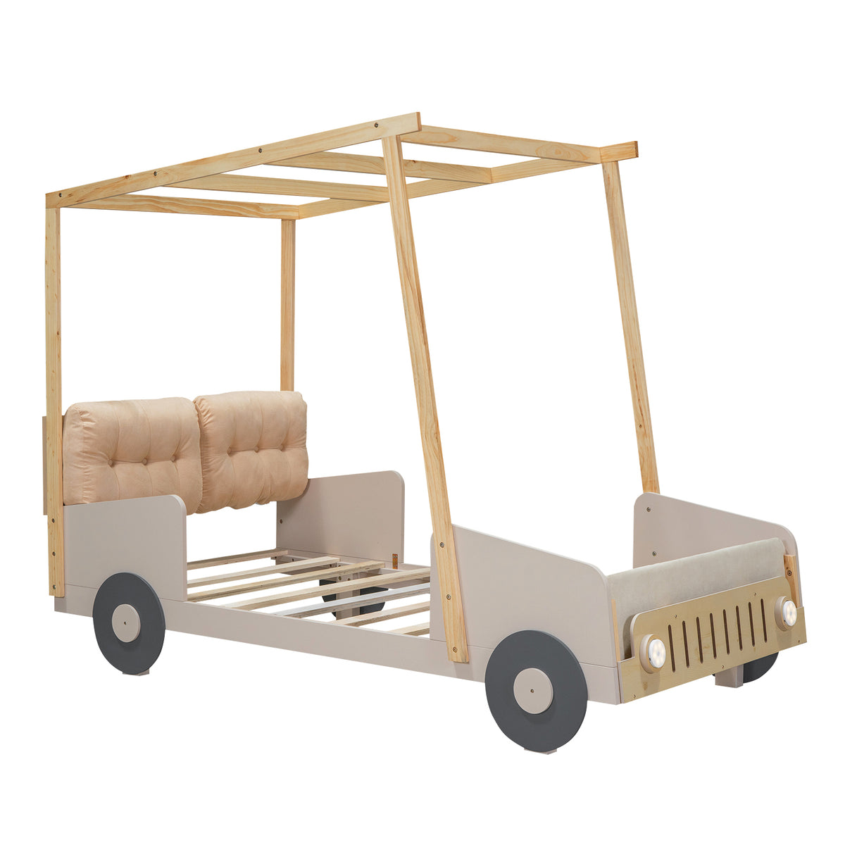 Wood Twin Size Car Bed With Pillow, Ceiling Cloth And Led, Natural Box Spring Not Required Twin Natural Wood Bedroom Solid Wood Mdf
