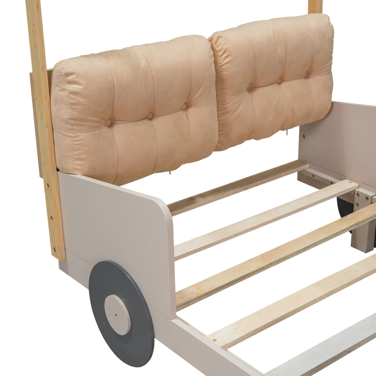 Wood Twin Size Car Bed With Pillow, Ceiling Cloth And Led, Natural Box Spring Not Required Twin Natural Wood Bedroom Solid Wood Mdf