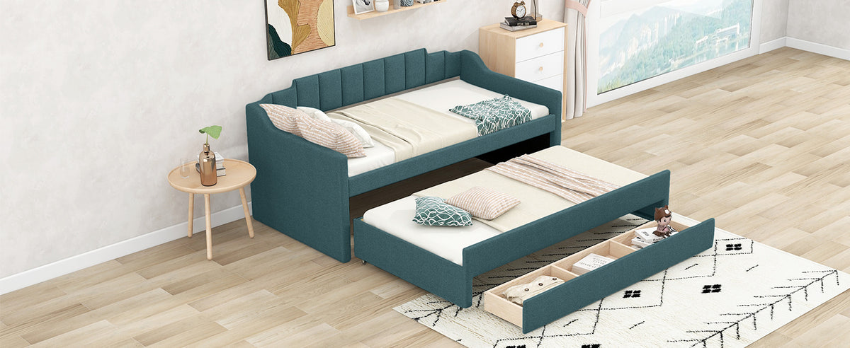 Twin Size Upholstered Daybed With Trundle And Three Drawers,Green Twin Green Linen