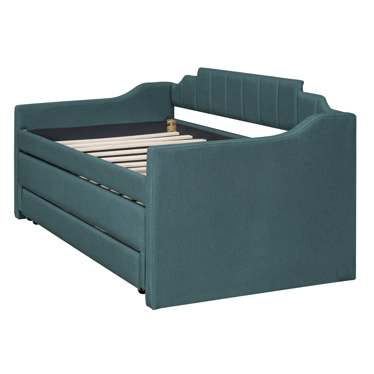 Twin Size Upholstered Daybed With Trundle And Three Drawers,Green Twin Green Linen
