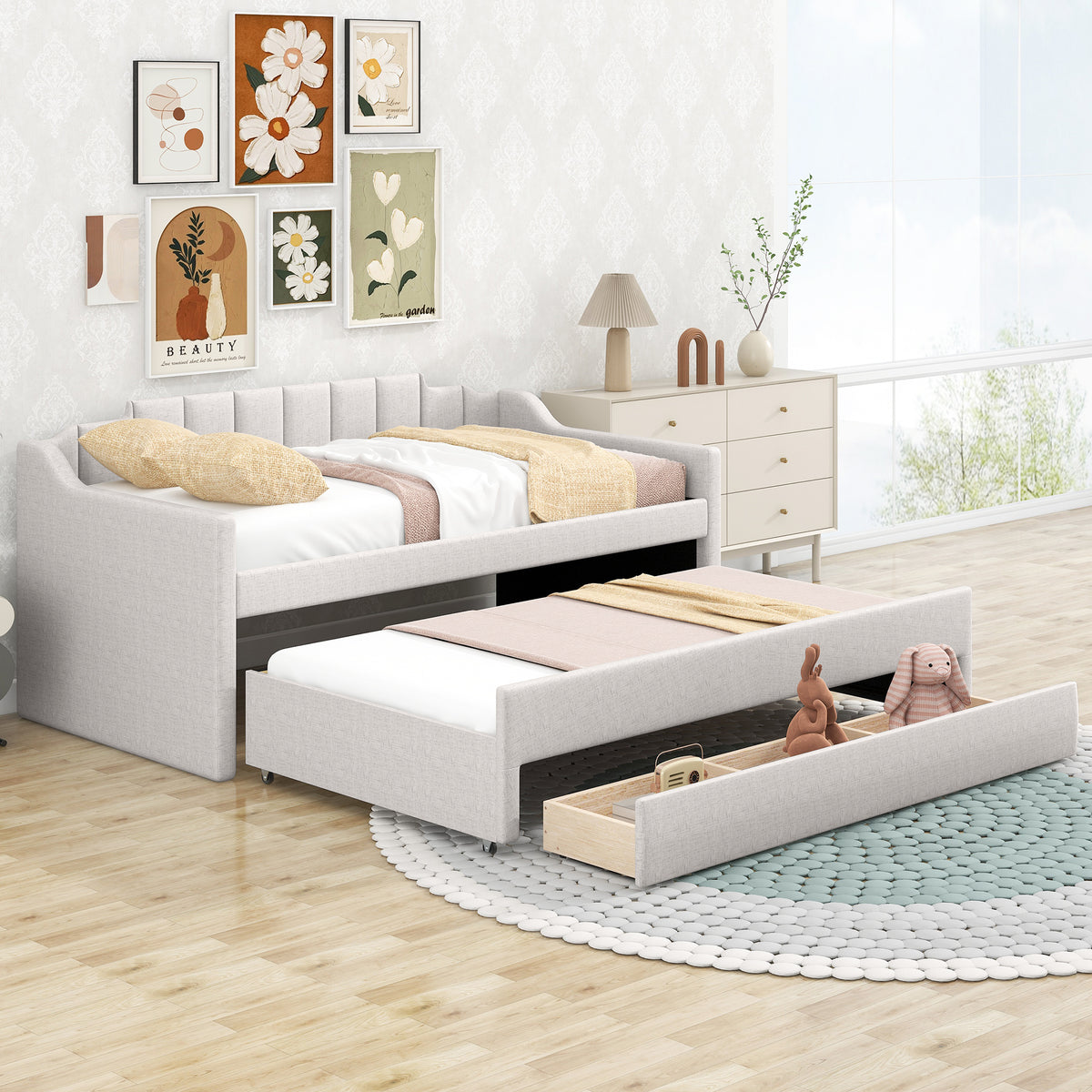 Twin Size Upholstered Daybed With Trundle And Three Drawers,Beige Box Spring Not Required Twin Beige Wood Bedroom Linen Linen