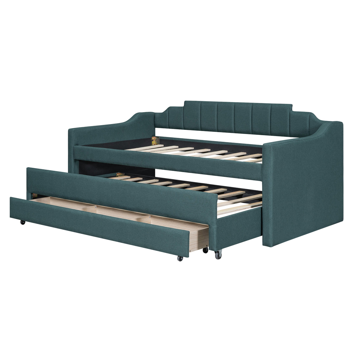 Twin Size Upholstered Daybed With Trundle And Three Drawers,Green Twin Green Linen