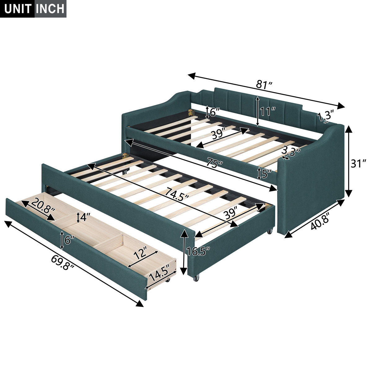 Twin Size Upholstered Daybed With Trundle And Three Drawers,Green Twin Green Linen