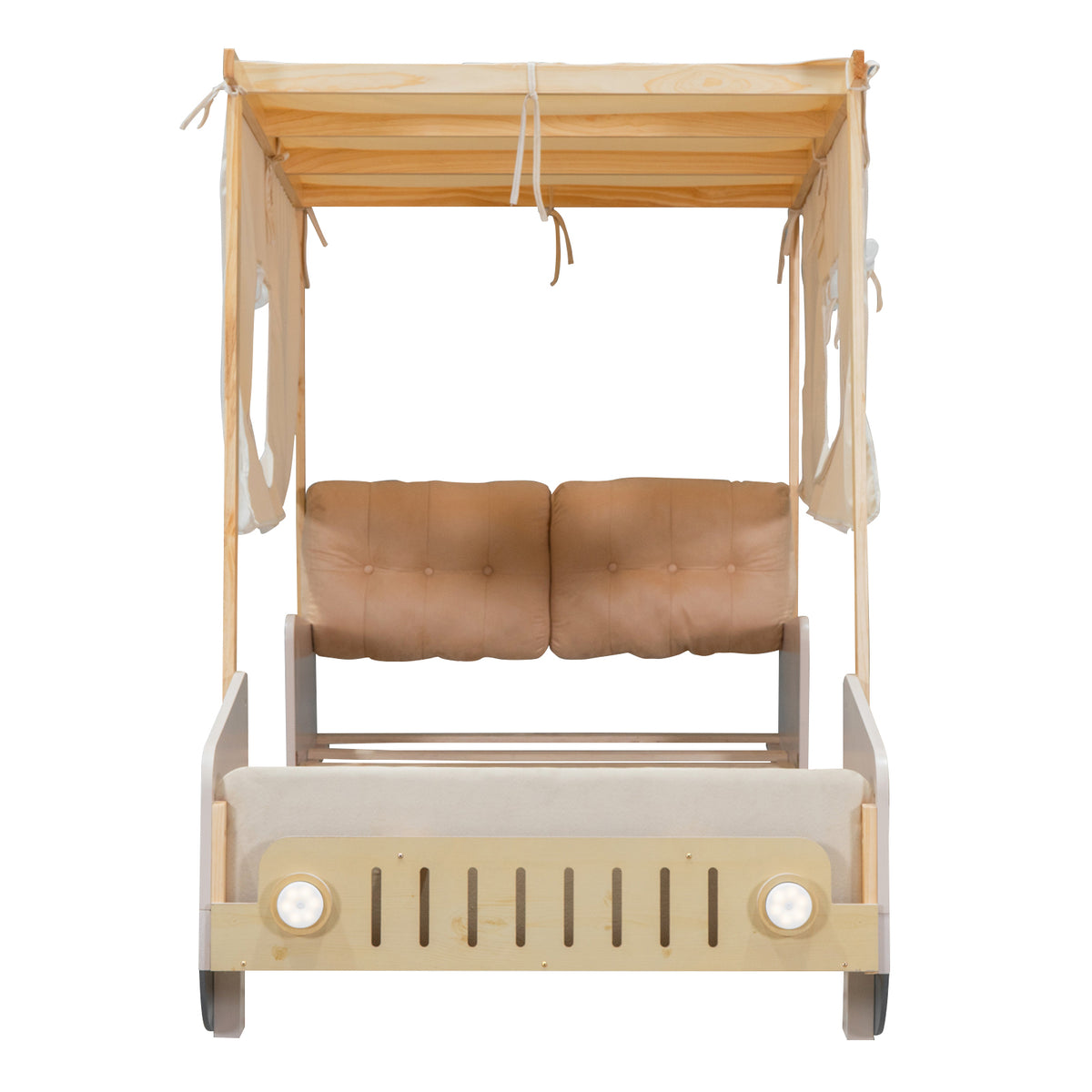 Wood Twin Size Car Bed With Pillow, Ceiling Cloth And Led, Natural Box Spring Not Required Twin Natural Wood Bedroom Solid Wood Mdf