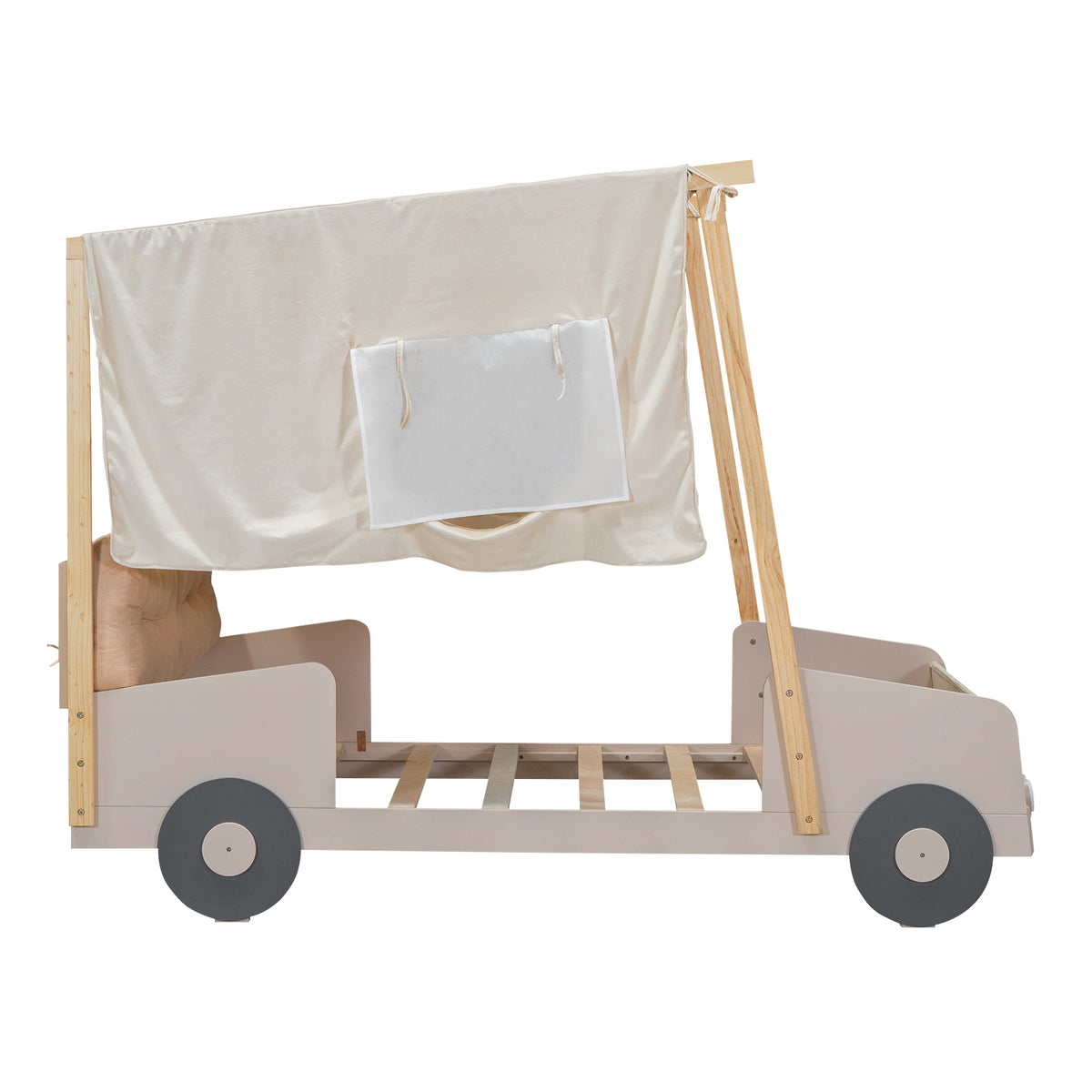 Wood Twin Size Car Bed With Pillow, Ceiling Cloth And Led, Natural Box Spring Not Required Twin Natural Wood Bedroom Solid Wood Mdf