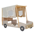 Wood Twin Size Car Bed With Pillow, Ceiling Cloth And Led, Natural Box Spring Not Required Twin Natural Wood Bedroom Solid Wood Mdf