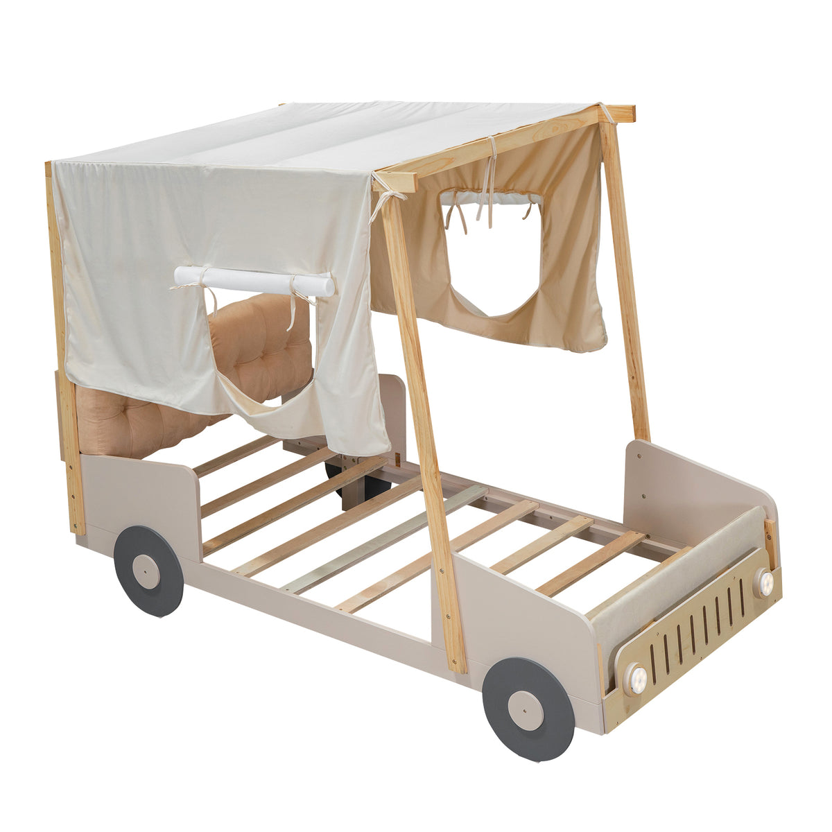 Wood Twin Size Car Bed With Pillow, Ceiling Cloth And Led, Natural Box Spring Not Required Twin Natural Wood Bedroom Solid Wood Mdf