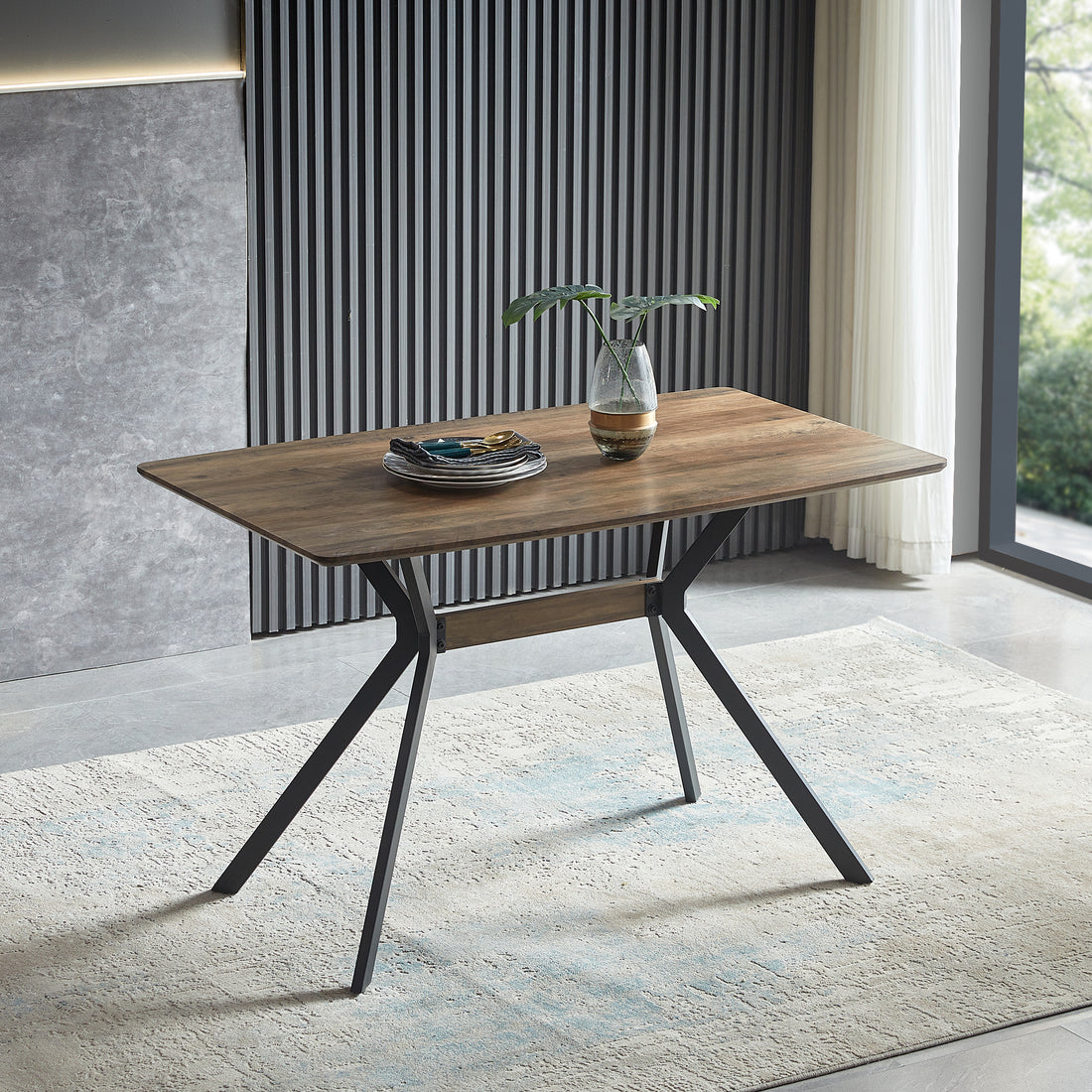 Modern Minimalist Style Dining Table Mdf Wooden Top Black Metal Shelf Metal Heat Transfer Legs Leveling Feet For Dining Room Kitchen Office Table Walnut Black Mdf