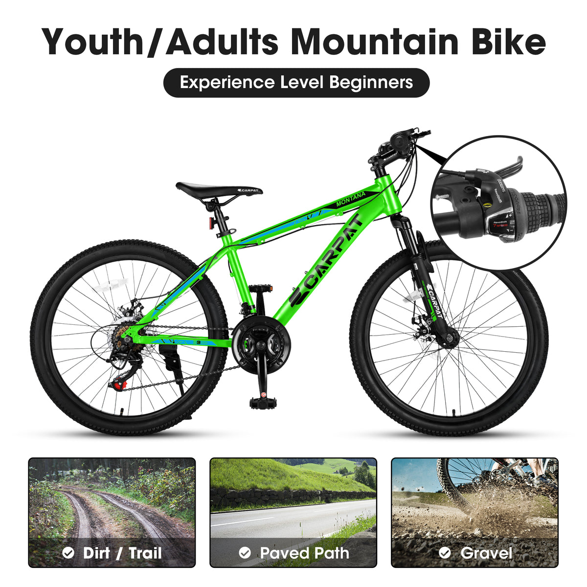 A24299 24 Inch Mountain Bike Bicycle For Adults Aluminium Frame Bike Shimano 21 Speed With Disc Brake Cycling Green Without Anti Slip Garden & Outdoor American Design Multifunctional Aluminium