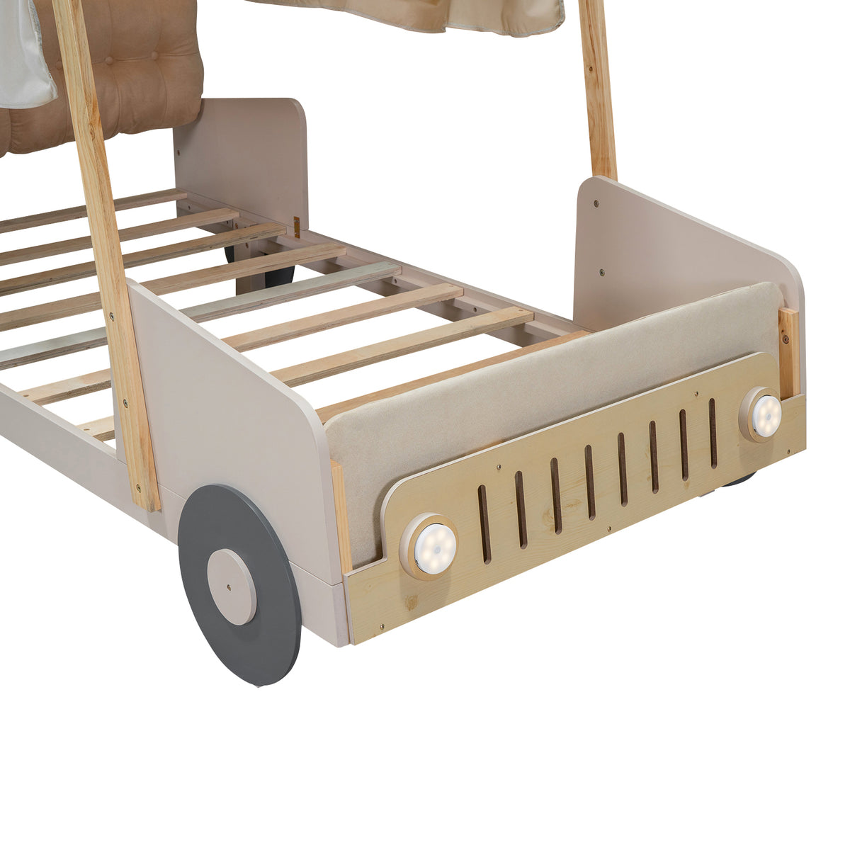 Wood Twin Size Car Bed With Pillow, Ceiling Cloth And Led, Natural Box Spring Not Required Twin Natural Wood Bedroom Solid Wood Mdf