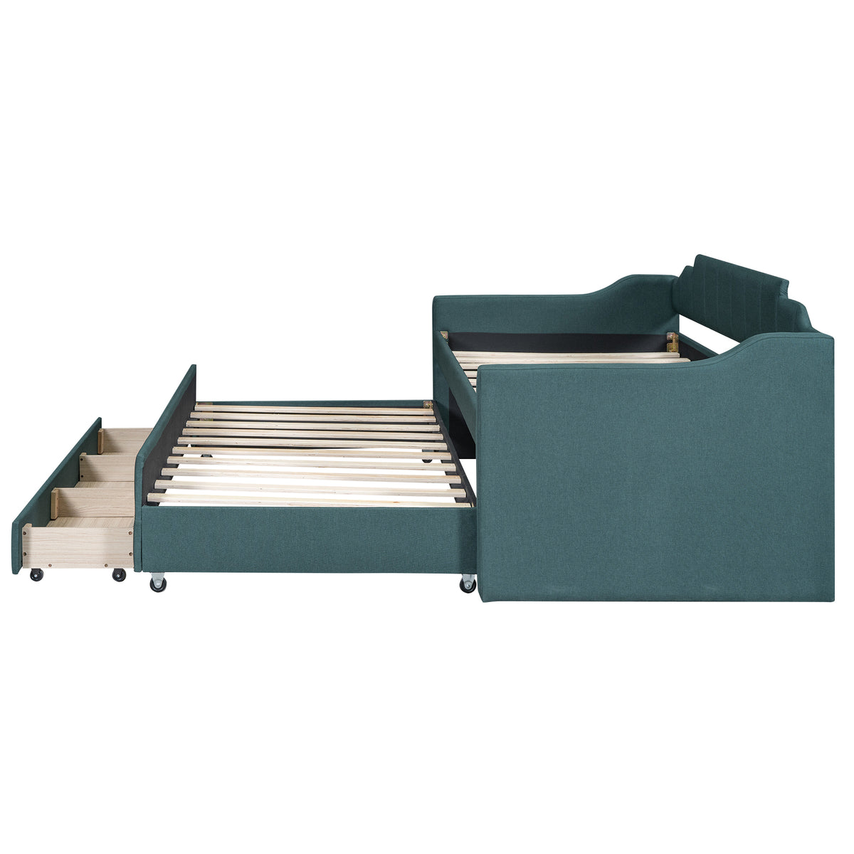 Twin Size Upholstered Daybed With Trundle And Three Drawers,Green Twin Green Linen