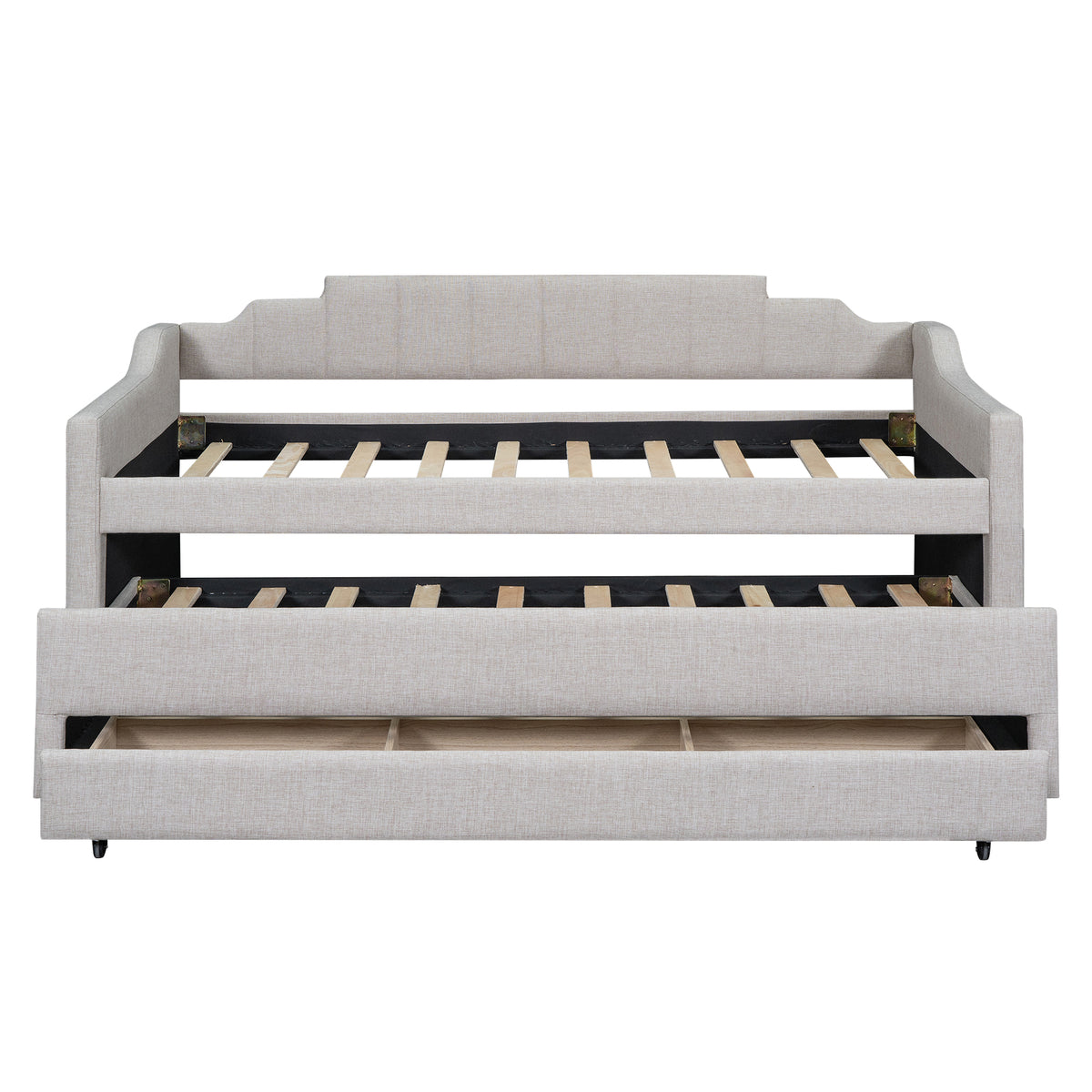 Twin Size Upholstered Daybed With Trundle And Three Drawers,Beige Box Spring Not Required Twin Beige Wood Bedroom Linen Linen