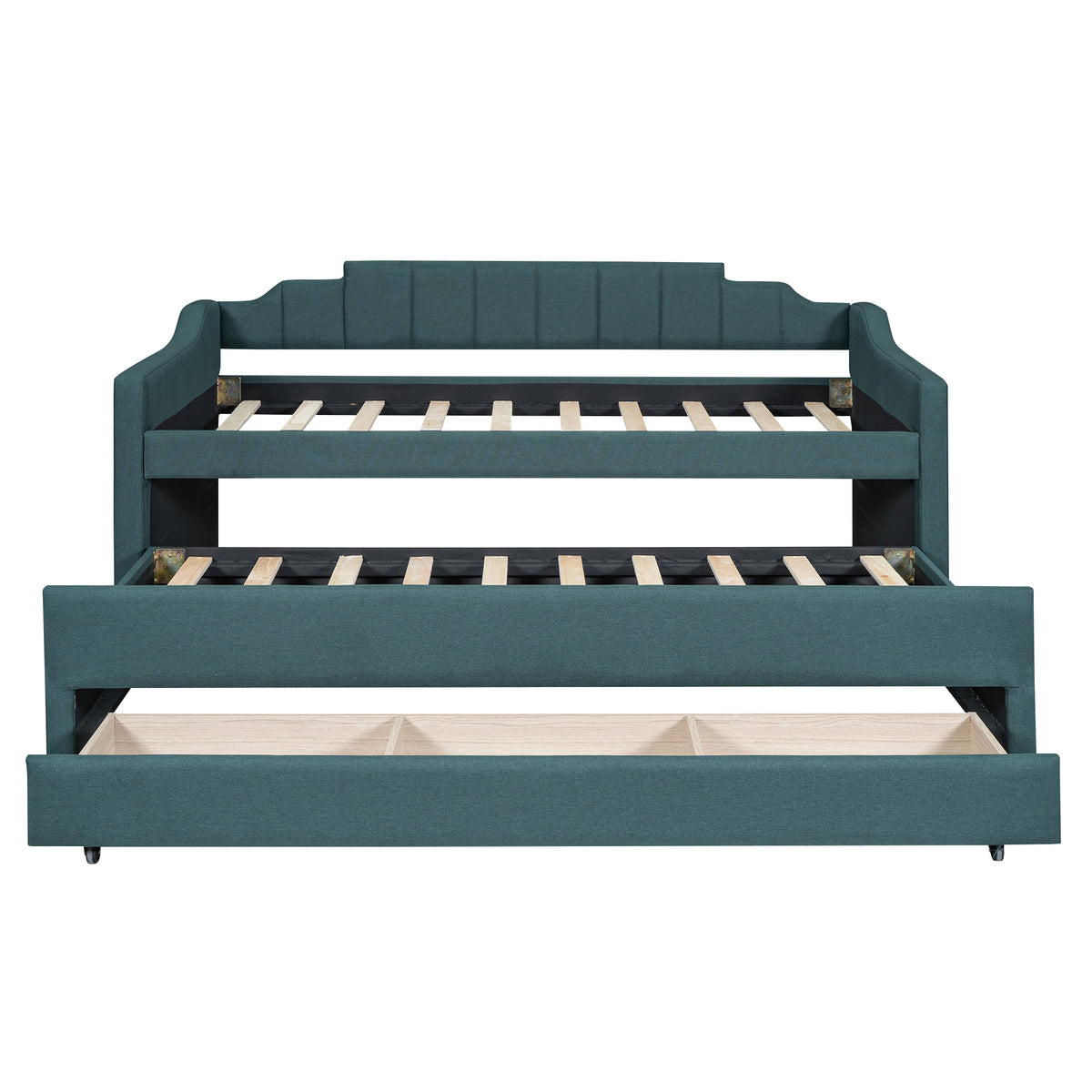 Twin Size Upholstered Daybed With Trundle And Three Drawers,Green Twin Green Linen