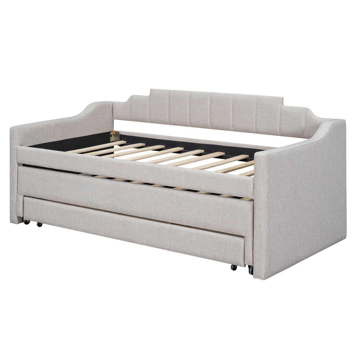 Twin Size Upholstered Daybed With Trundle And Three Drawers,Beige Box Spring Not Required Twin Beige Wood Bedroom Linen Linen