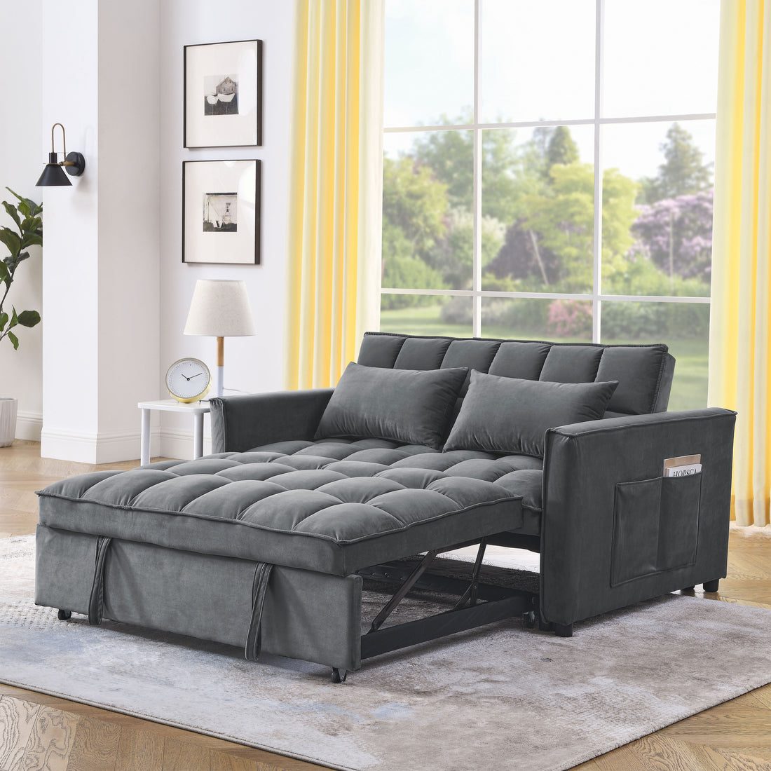 Sleeper Sofa, Convertible Sofa, Recliner, Bed, 3 In 1, 3 Position Adjustable Backrest, 2 Seater Sectional, Two Side Pockets, 2 Pillows For Living Room, Apartment, Etc., Velvet Beige 54" Wide. Grey Foam Velvet