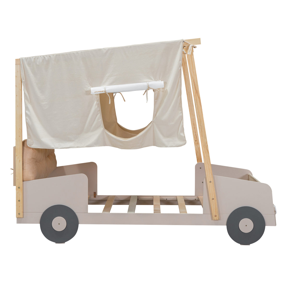 Wood Twin Size Car Bed With Pillow, Ceiling Cloth And Led, Natural Box Spring Not Required Twin Natural Wood Bedroom Solid Wood Mdf